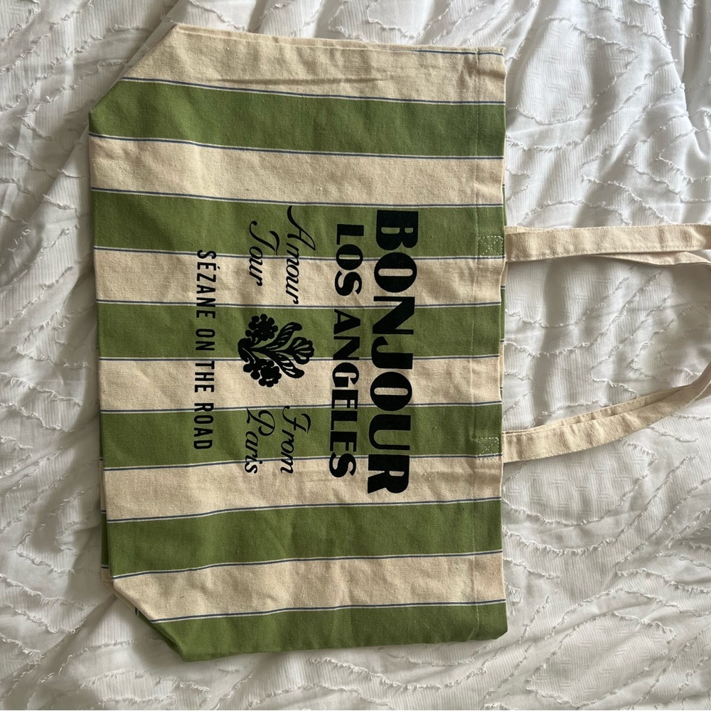 Sezane Green and Cream Striped Tote Bag